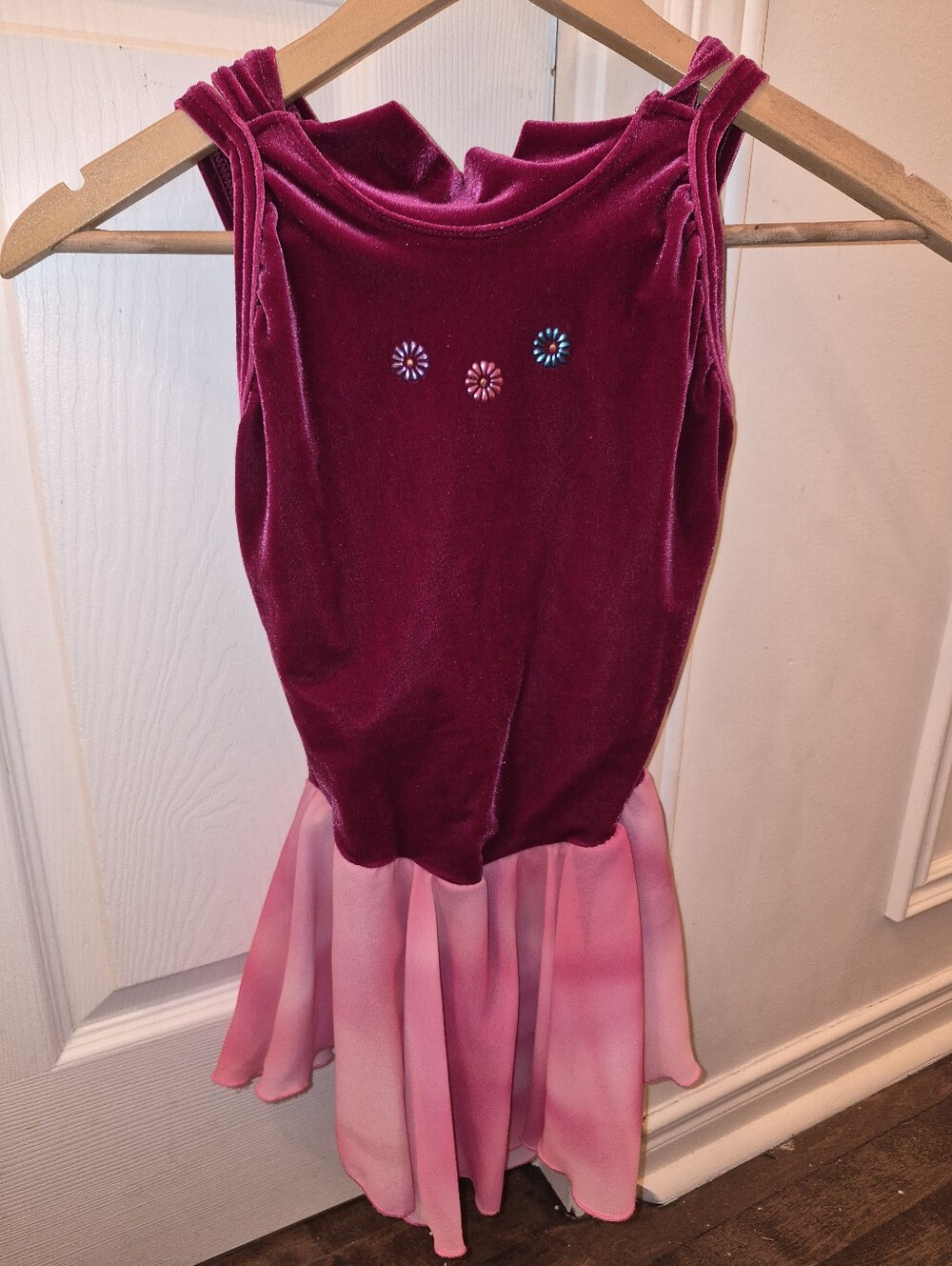 Mondor Figure Skating Dress Velvet Dress in Deep Magenta Pink Chiffon Child 14